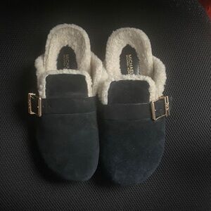 NEW Michael Kors Navy Suede Mules with Gold Buckle